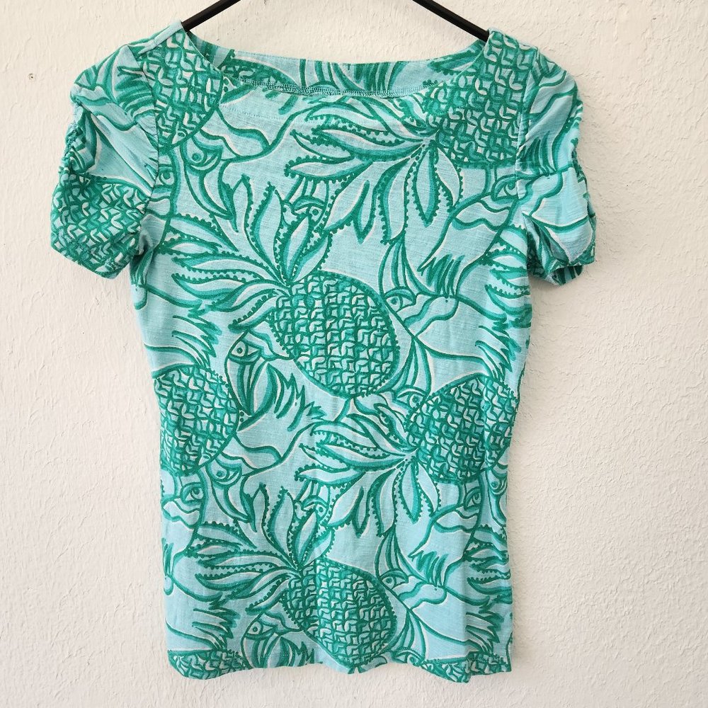 Lilly Pulitzer Top Small Boat Neck T Shirt Pineapple Parrot Toucan Turquoise